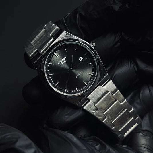 TISSOT PRX BLACK dial with silver chain